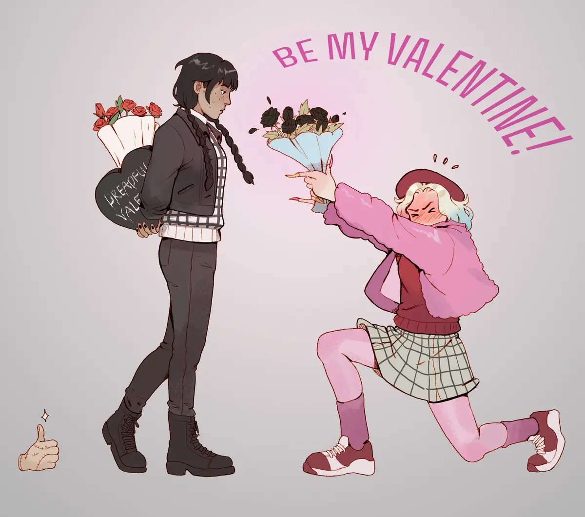An anime-style illustration shows a person in a dark outfit with braids carrying a heart-shaped box labeled 'DREADFUL…