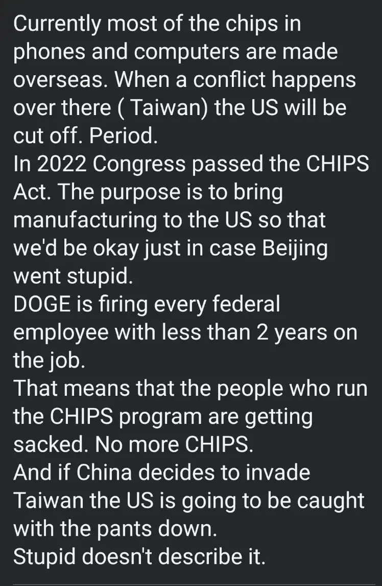The image displays a block of white text on a dark gray background. The text details a satirical narrative about U.S. chip…