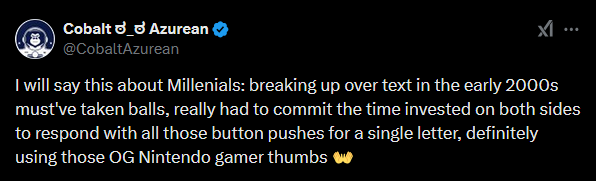 A tweet from user CobaltAzurean with a black background and white text humorously describes the difficulty of breaking up…