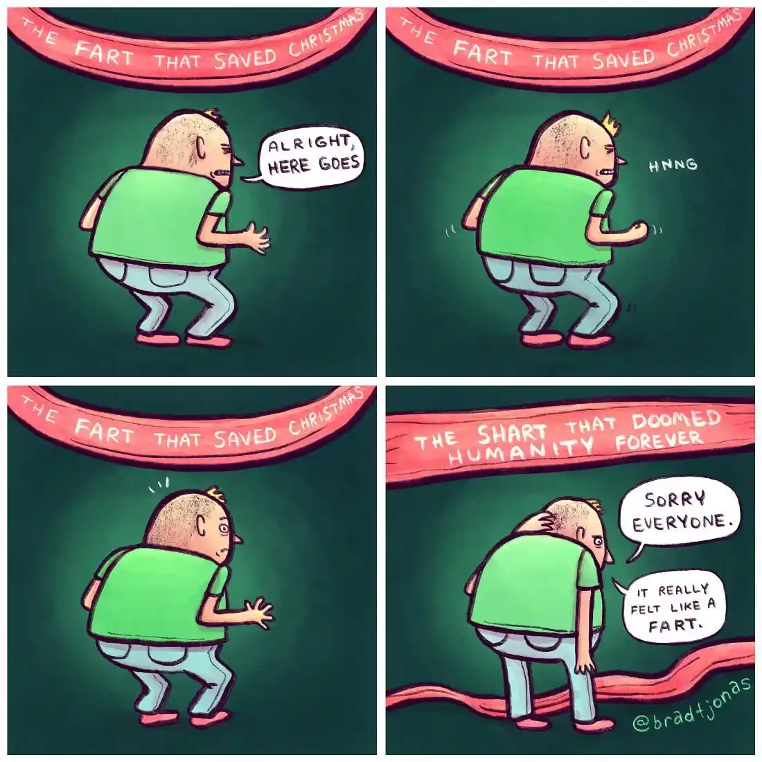 A four-panel comic shows a man preparing to fart, then releasing it, and finally realizing he accidentally sharted, with…