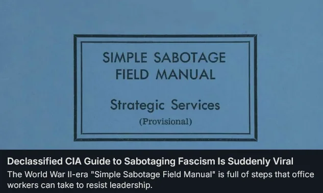 The image displays the cover of a document titled 'SIMPLE SABOTAGE FIELD MANUAL' from 'Strategic Services (Provisional)' on…