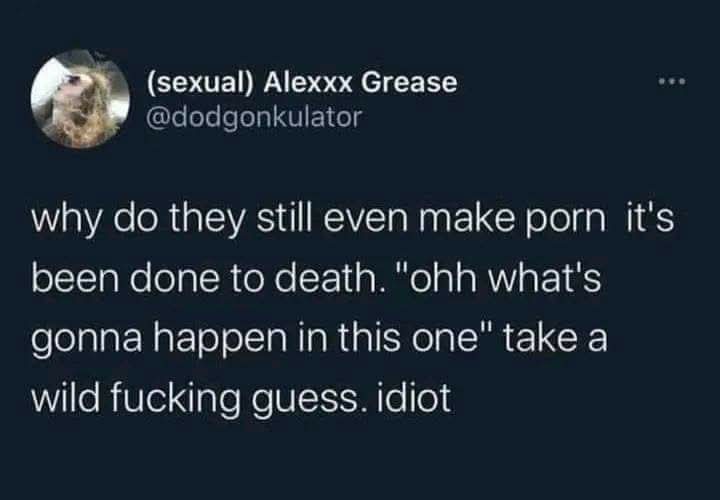 A screenshot of a tweet from user (sexual) Alexxx Grease (@dodgonkulator) with a dark background and white text. The tweet…
