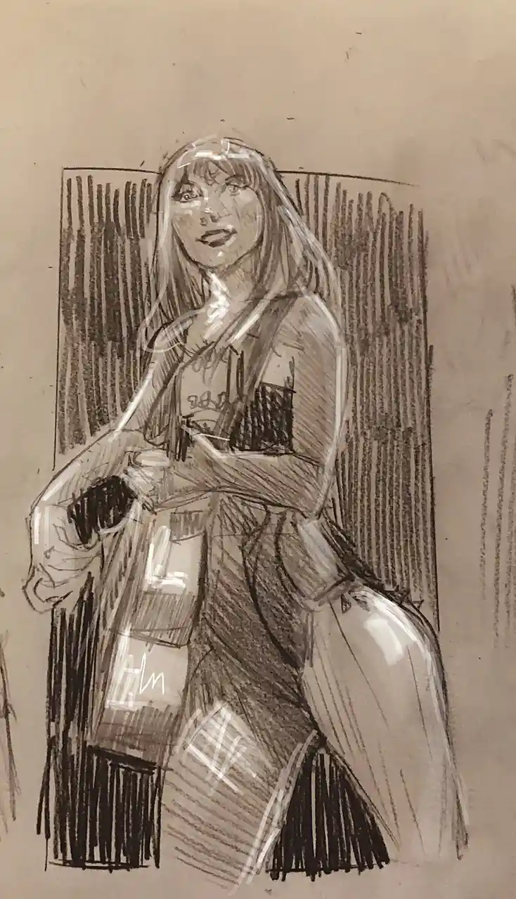 A pencil sketch of a woman with long hair sitting in a chair, holding a shopping bag with a visible 'hm' logo. The image has…