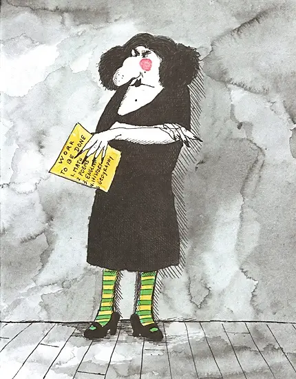 A cartoon woman with dark hair and a red nose, wearing a black dress and green-striped socks, stands holding a yellow sign…