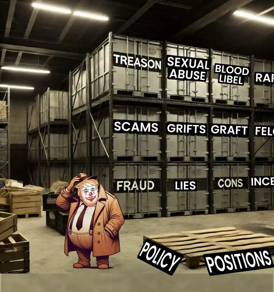 A cartoon clown-faced man in a brown trench coat stands in a warehouse, looking confused as he faces shelves of labeled…
