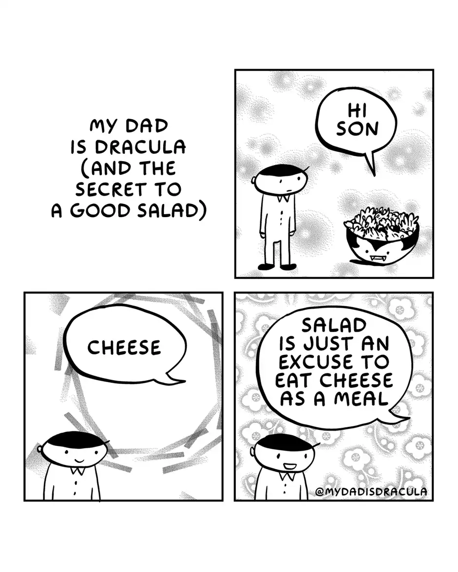 A four-panel comic titled 'MY DAD IS DRACULA (AND THE SECRET TO A GOOD SALAD)'. In the first panel, a bowl with fangs and…