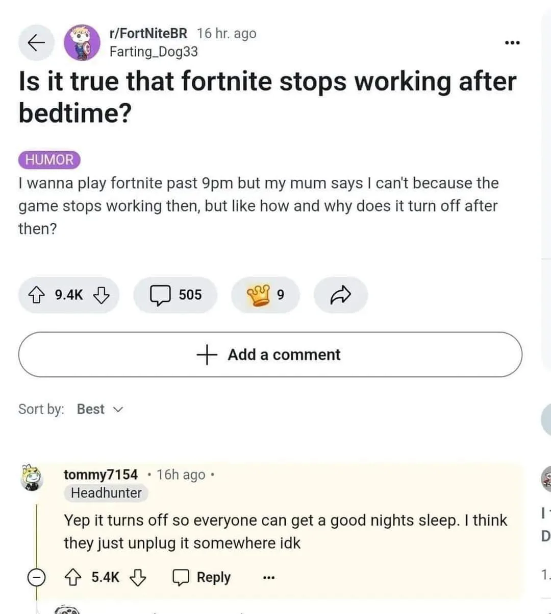 A Reddit post from r/FortNiteBR shows a user asking if Fortnite stops working after bedtime, jokingly claiming their mom…