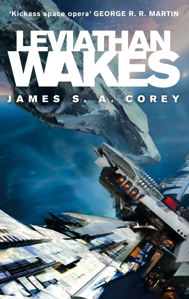 The image is the cover of the book 'Leviathan Wakes' by James S. A. Corey, featuring a large, damaged spaceship in space…