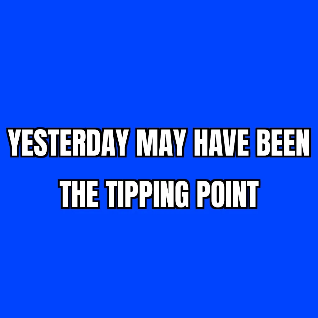 A solid blue background features bold white text with black outlines. The text reads 'YESTERDAY MAY HAVE BEEN' on the top…