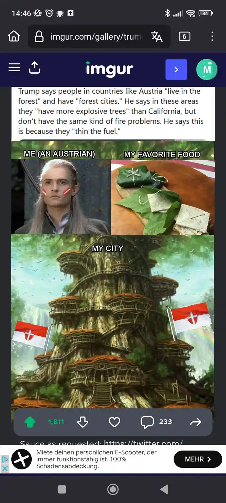 The image is a three-panel meme. The top left panel shows a photo of an elf with red Austrian flag markings on his cheeks…