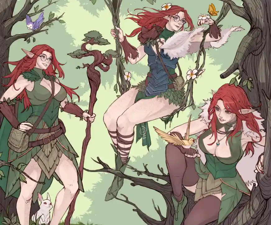 Three elf-like women with red hair and glasses are depicted in a forest setting, each in different poses and outfits. One…