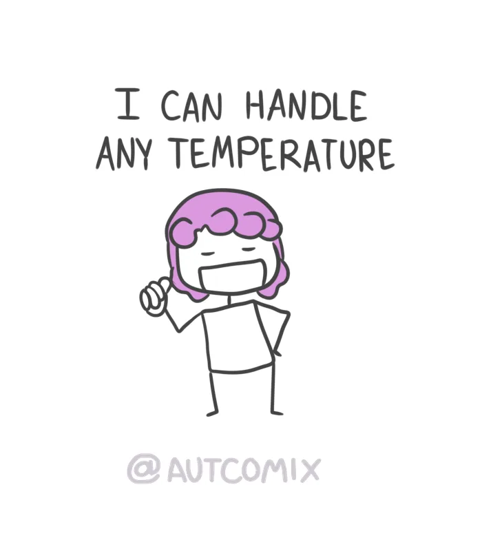 A simple cartoon drawing of a person with purple hair giving a thumbs-up gesture while standing confidently. Above the…