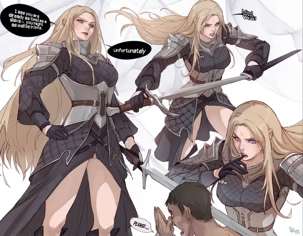 A man kneels in fear as three identical blonde female warriors in dark armor surround him. One says 'I see you are already…