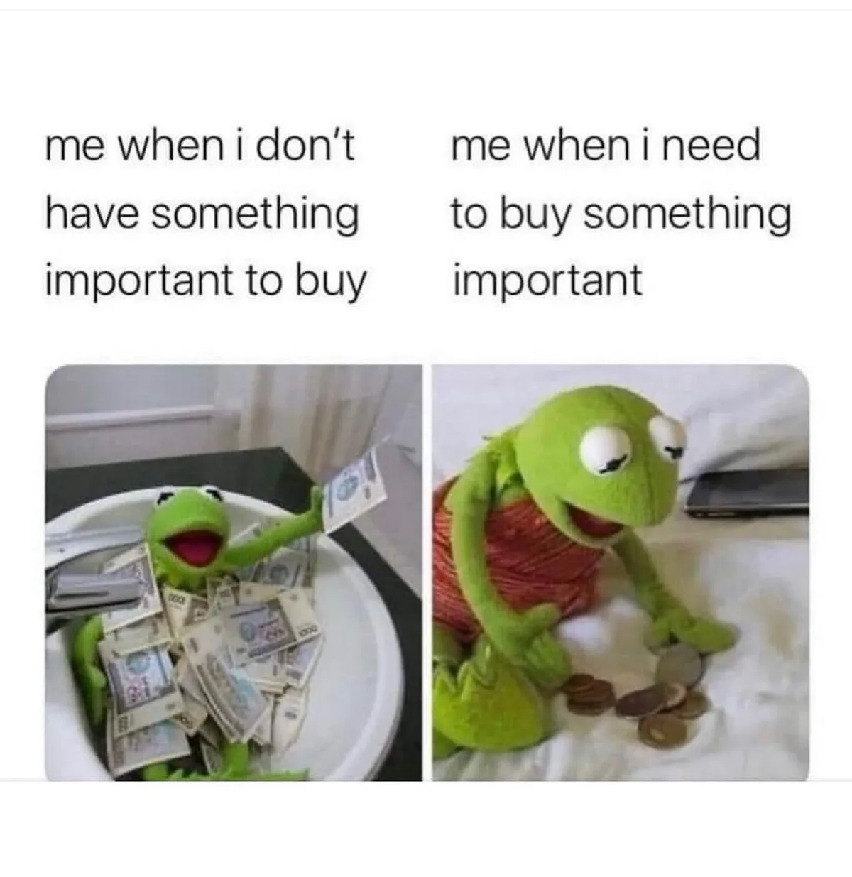 The meme shows two side-by-side images of Kermit the Frog. On the left, Kermit is happily sitting in a sink overflowing with…