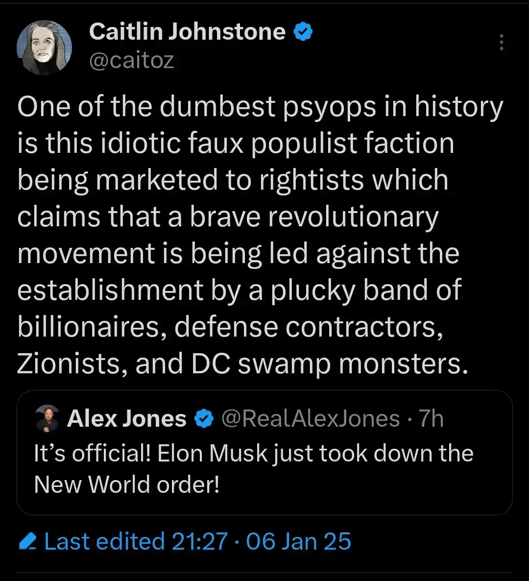 A screenshot of a tweet by Caitlin Johnstone criticizing a political movement as a 'dumbest psyop' led by billionaires and…