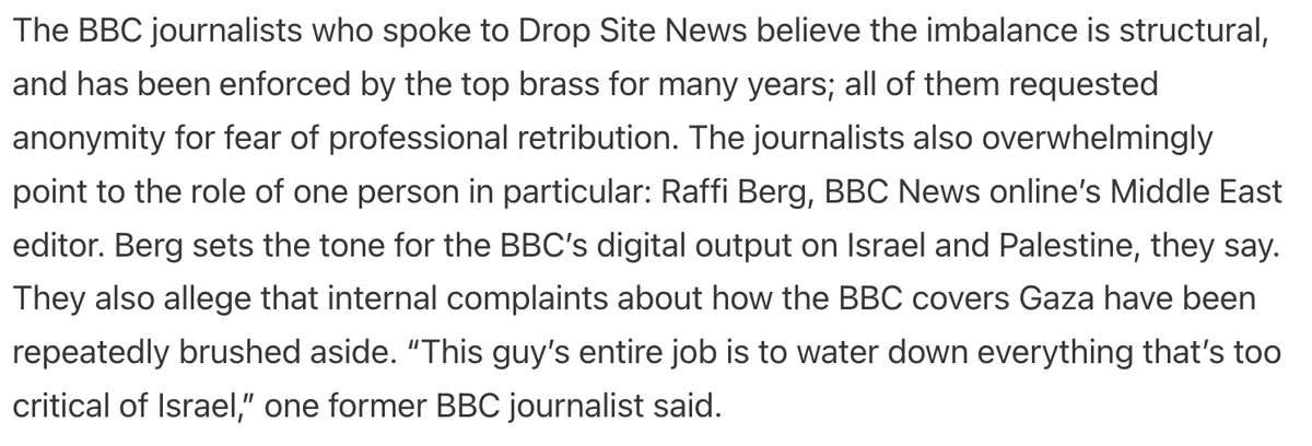A plain white background with black text describing allegations from anonymous BBC journalists about Raffi Berg, the Middle…