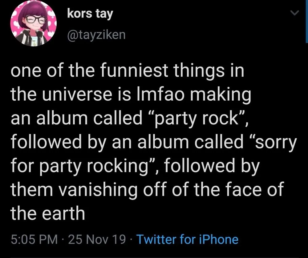 A screenshot of a Twitter post by user 'kors tay' (@tayziken) with white text on a black background. The post humorously…