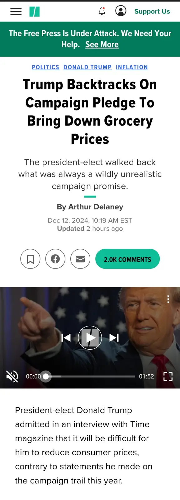 A screenshot of a news article titled 'Trump Backtracks On Campaign Pledge To Bring Down Grocery Prices' shows a video…