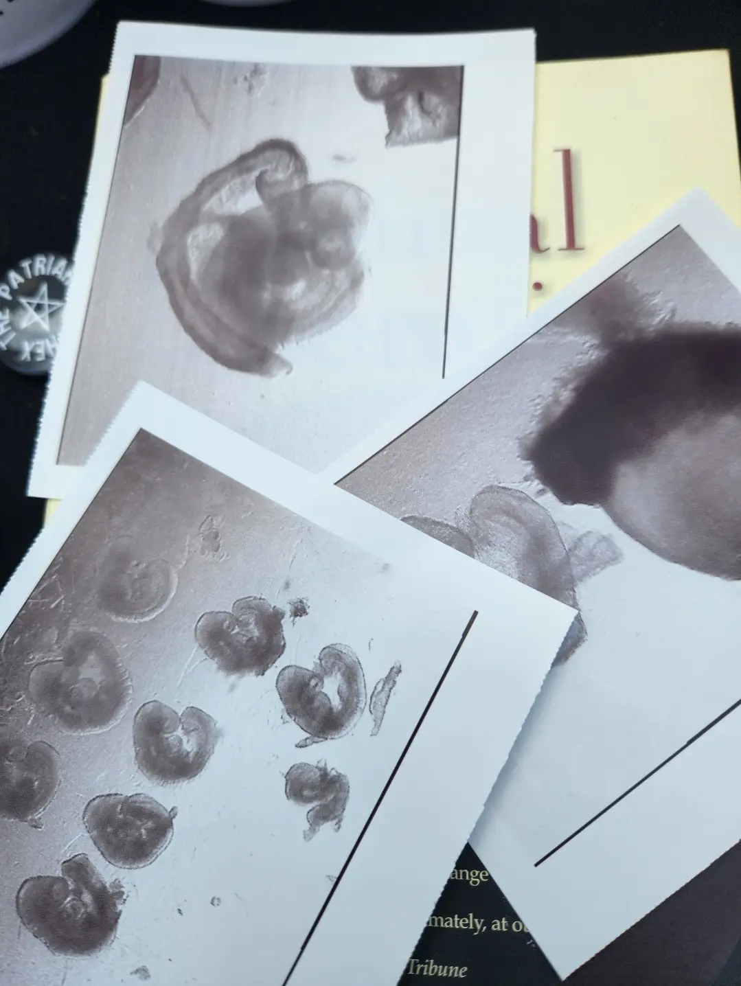 Three black-and-white printed photos show abstract, smudged, or distorted shapes resembling faces or figures. One photo…