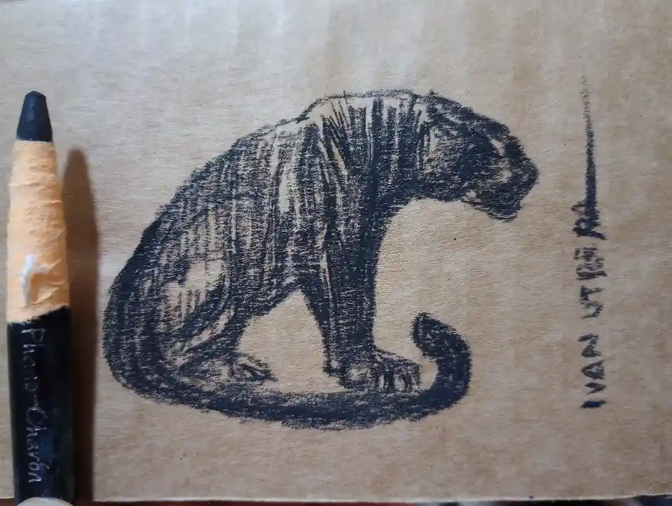 A hand-drawn sketch of a crouching, stylized feline creature, possibly a panther or jaguar, rendered in dark charcoal or…
