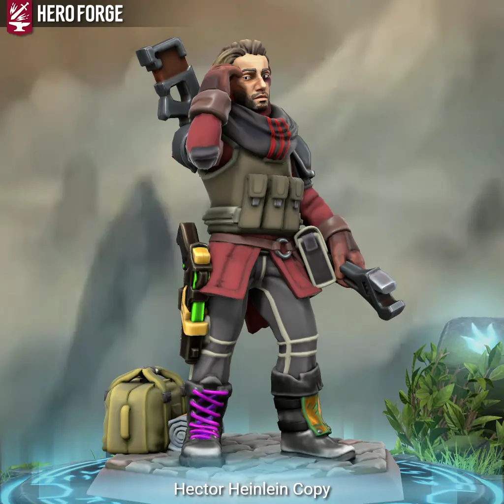 A 3D-rendered fantasy warrior figure from Hero Forge stands on a stone platform, holding a futuristic-looking weapon in one…