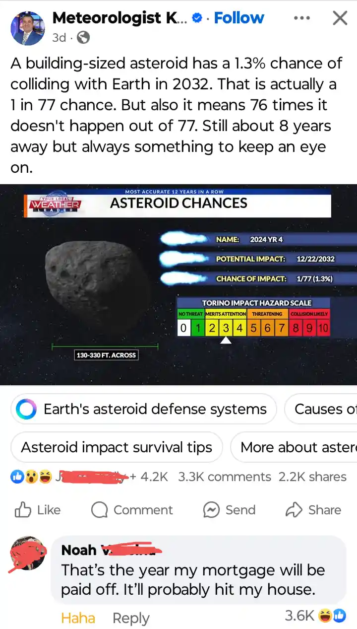 A screenshot of a Facebook post by 'Meteorologist K' showing a graphic titled 'ASTEROID CHANCES' with an image of asteroid…