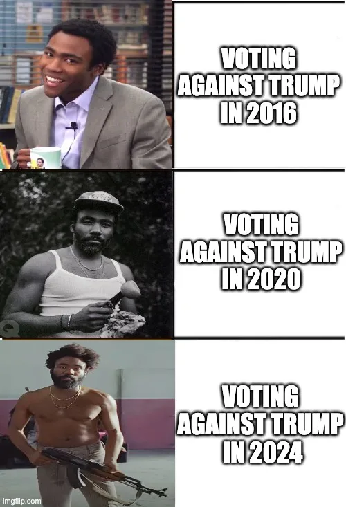 A three-panel meme showing a man in a suit smiling, then a man in a tank top holding a microphone, then a shirtless man…