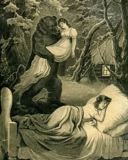 An old-fashioned black-and-white illustration depicts a large bear holding a woman in a nightgown in a snowy forest, while…