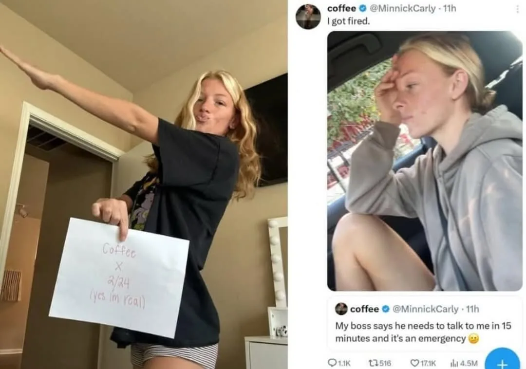 A split-screen image shows a woman in a black shirt holding a handwritten sign that reads 'Coffee X 3/24 (yes I'm real)'…