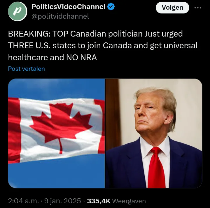 The image is a split-screen Twitter post showing a Canadian flag waving on the left and a photo of Donald Trump looking…