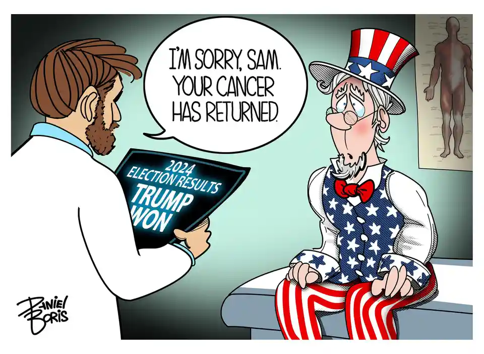 A cartoon depicts a doctor in a white coat holding a tablet displaying '2024 ELECTION RESULTS TRUMP WON' while telling a…