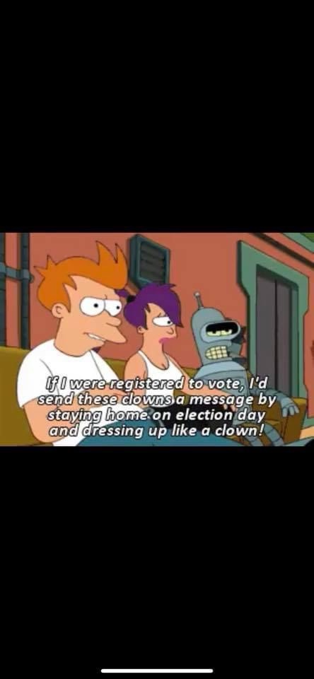 The image shows three characters from the animated show 'Futurama': Fry, Leela, and Bender, sitting together. Overlaid text…