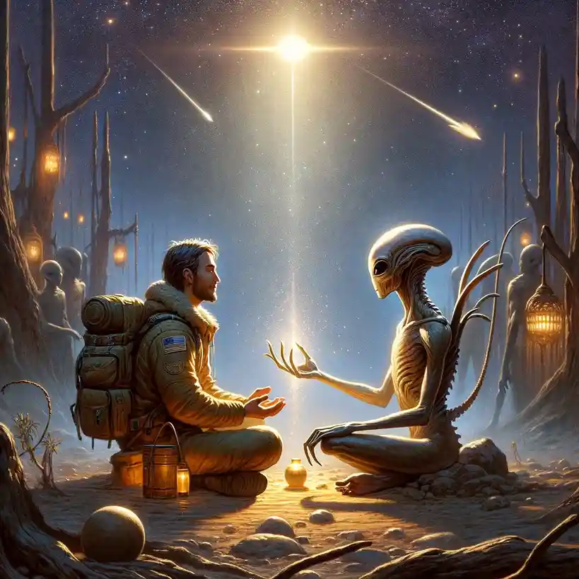 A man in a military-style jacket with a backpack sits cross-legged on the ground facing an alien, who also sits cross-legged…