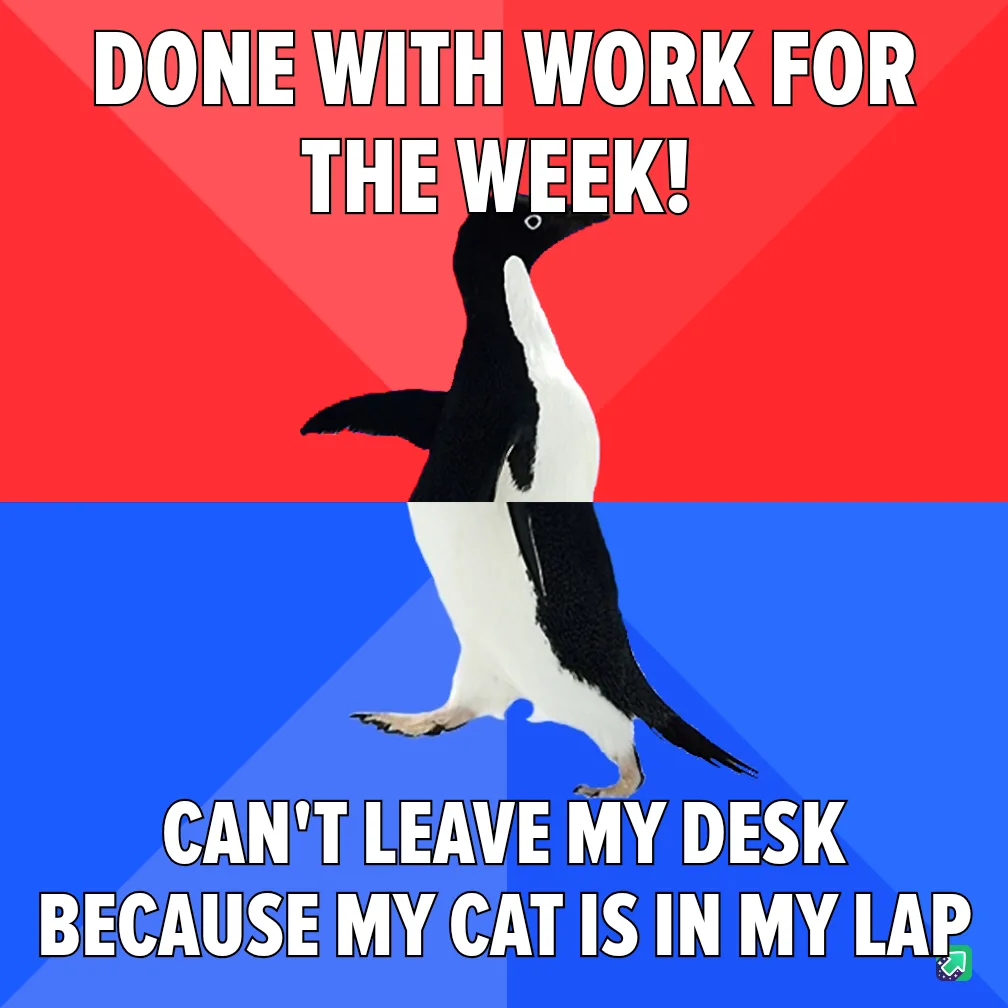 A penguin stands in a split red and blue background, with bold white text at the top reading 'DONE WITH WORK FOR THE WEEK!'…