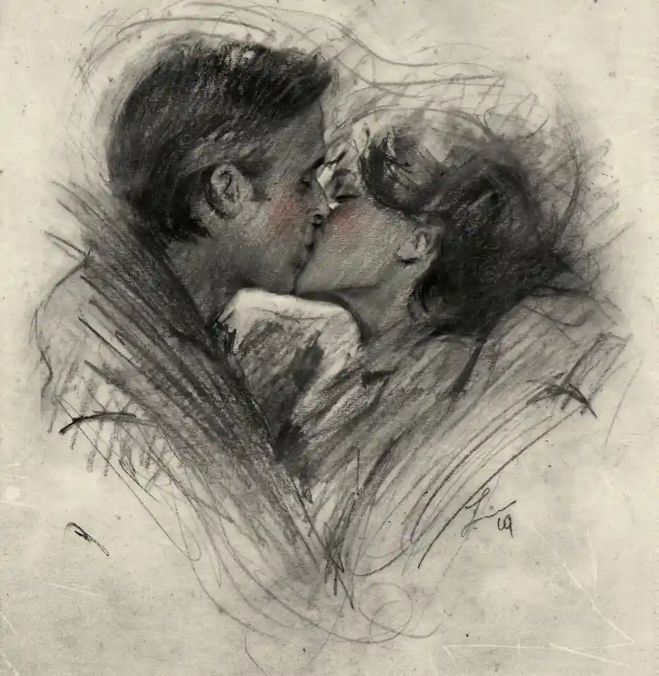 A charcoal sketch depicts a man and woman in a passionate kiss, their faces close together with soft shading and expressive…
