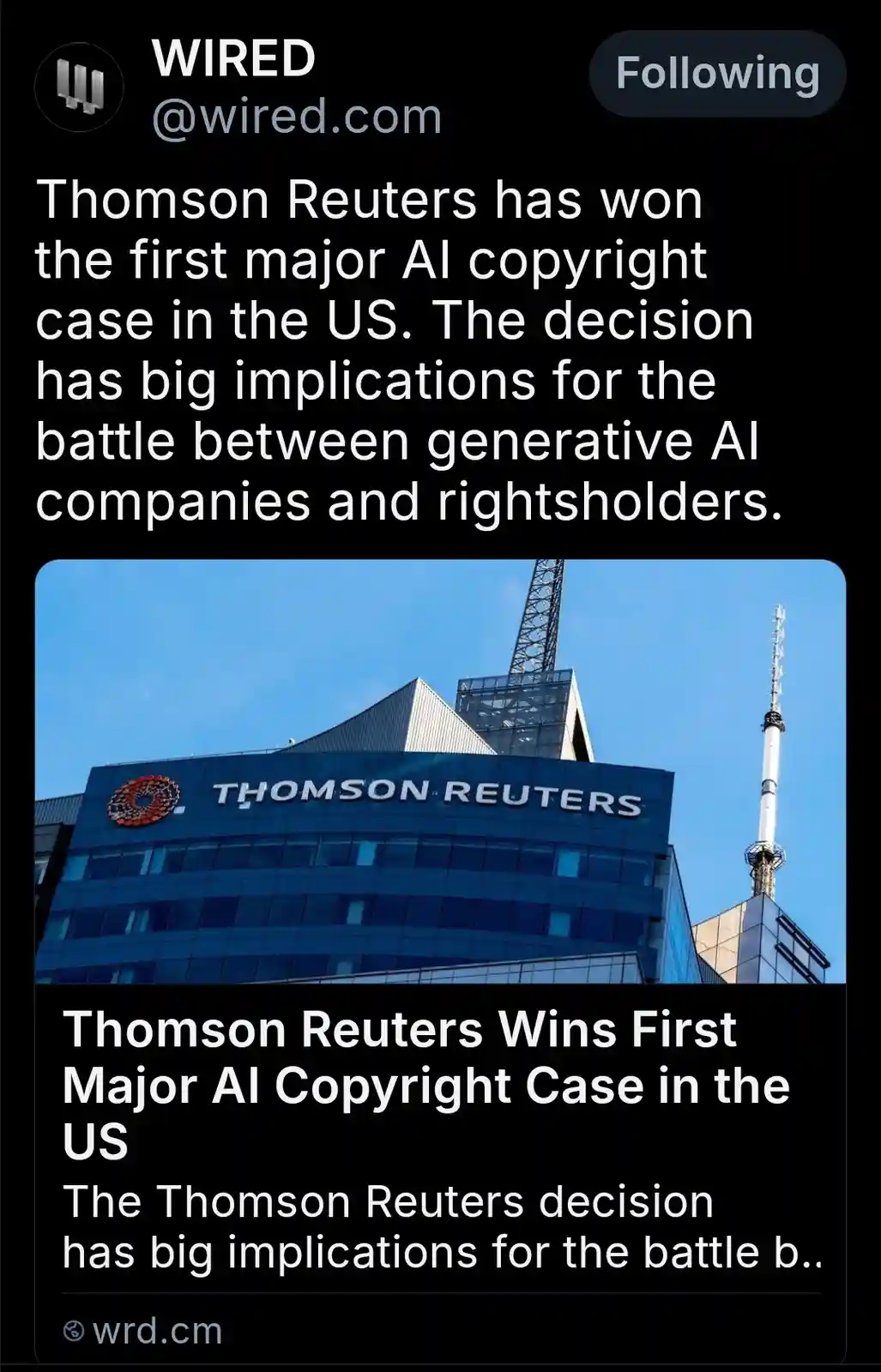 A screenshot of a WIRED Twitter post showing a photo of the Thomson Reuters building with overlaid text announcing that…