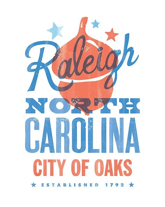 A stylized graphic design featuring the word 'Raleigh' in large blue cursive script, with an orange onion shape superimposed…