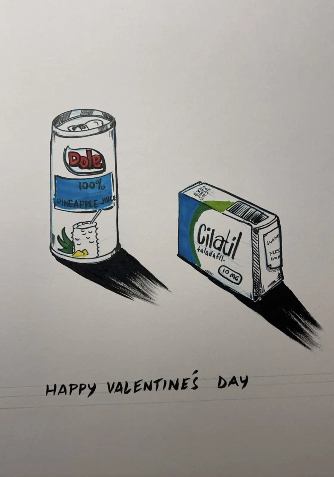 A hand-drawn illustration shows a can of Dole 100% pineapple juice next to a box labeled 'Cilatil taladafil 10 mg', both…