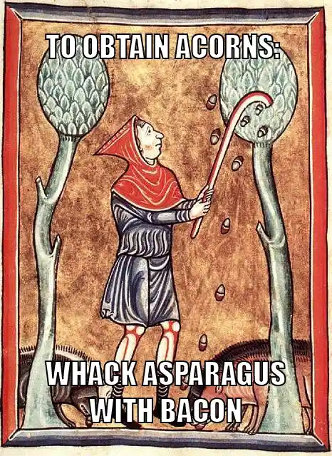 An illustration of a medieval-style figure in a red hood and blue tunic holding a curved stick, striking a large…