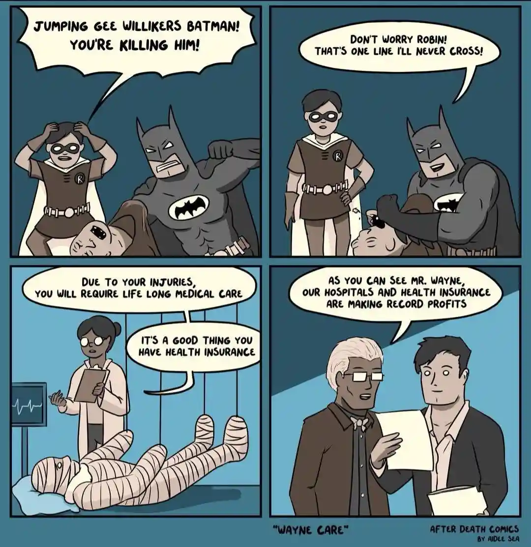 A four-panel comic strip shows Batman and Robin reacting to Robin's injury, then transitioning to a hospital scene where a…