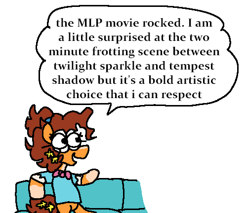 A cartoon cat with glasses and a blue shirt sits on a teal couch, speaking in a speech bubble. The text in the bubble reads…