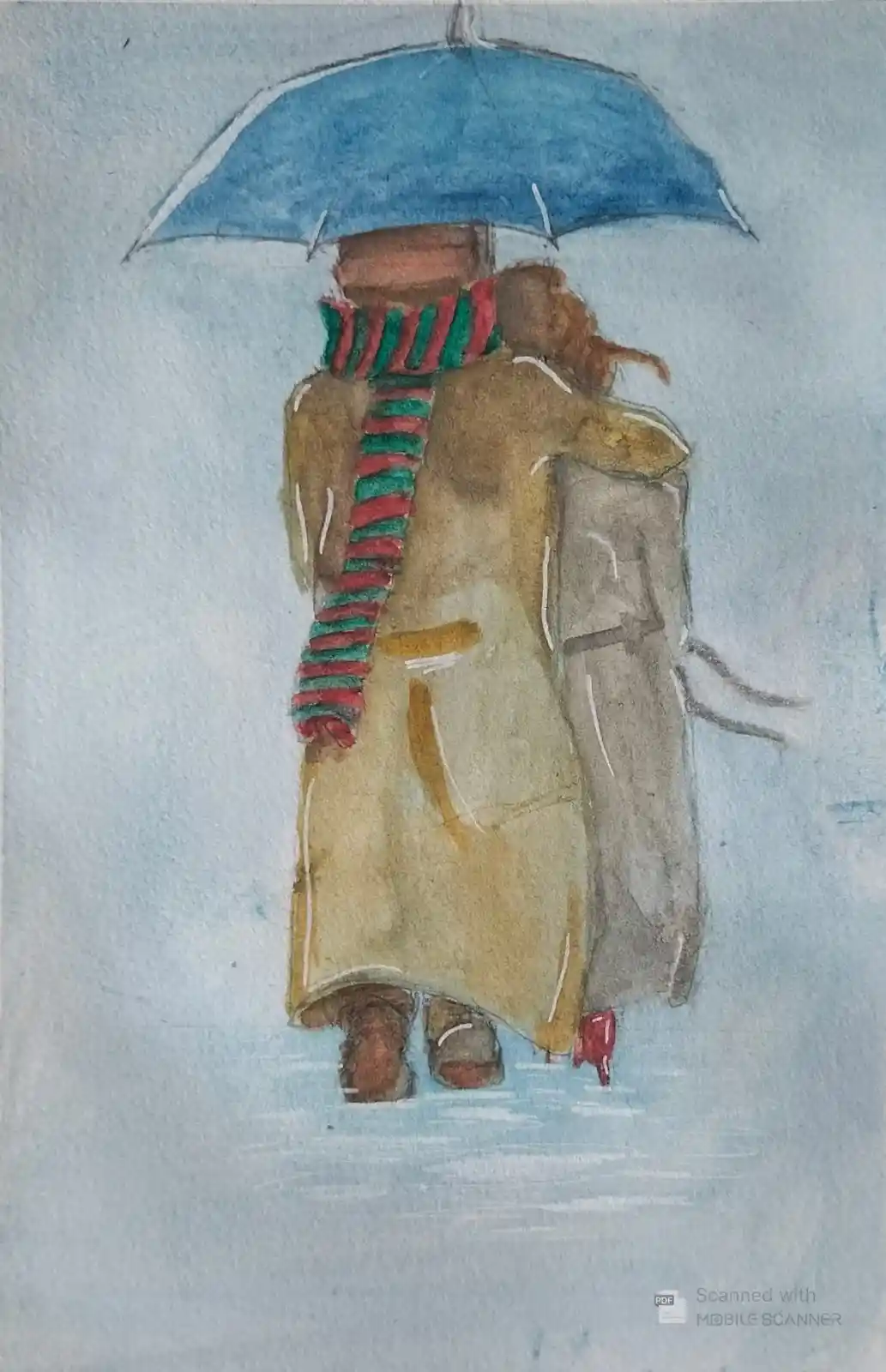 A watercolor painting shows two people from behind walking in the rain under a blue umbrella. One person wears a tan coat…
