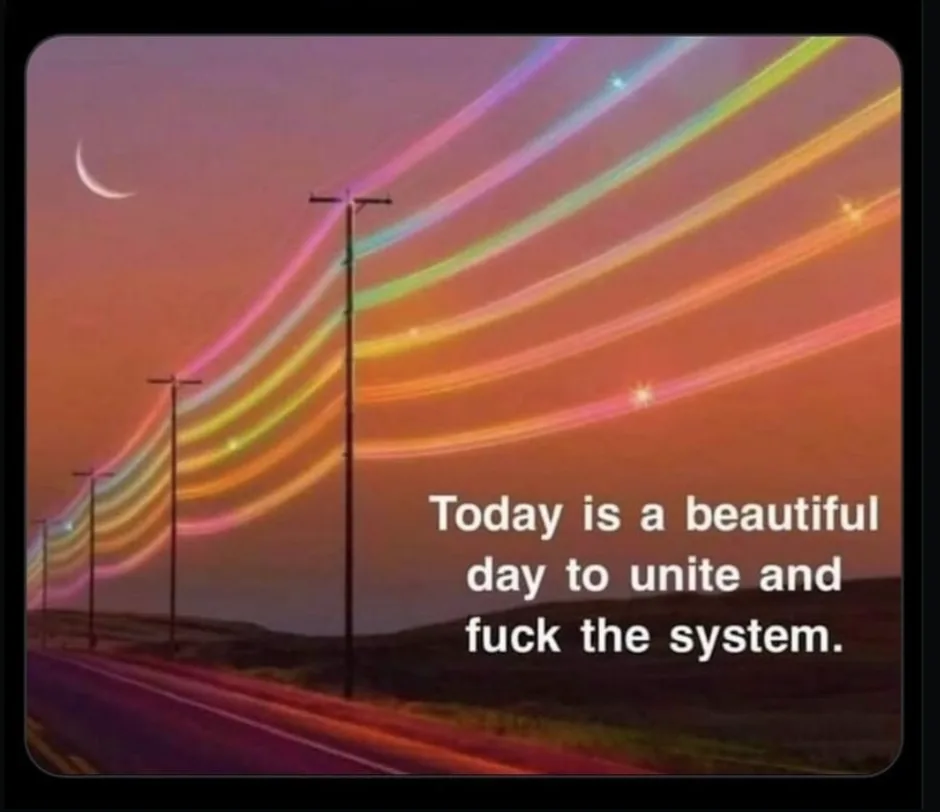 A surreal image of a road at dusk with a crescent moon, utility poles, and vibrant, streaking rainbow light trails across…