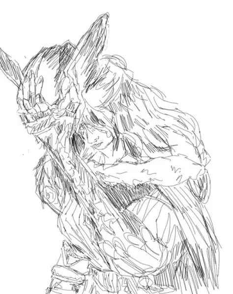 A rough black-and-white sketch depicts a character with long hair and pointed ears, possibly a fantasy or anime figure…