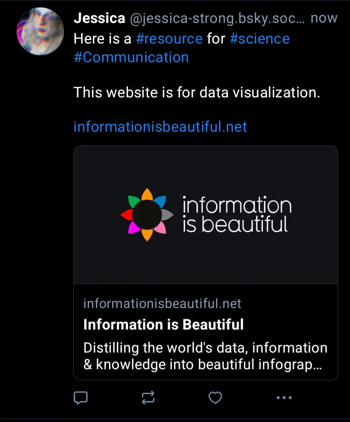 A screenshot of a social media post by Jessica recommending the website 'informationisbeautiful.net' as a resource for…