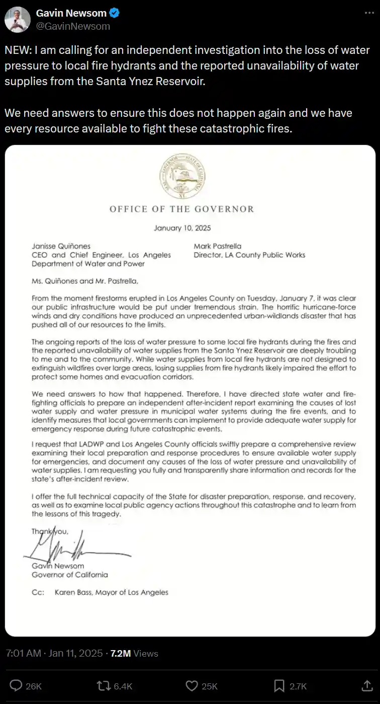 A screenshot of a tweet from Gavin Newsom showing a letter from the Office of the Governor dated January 10, 2025, addressed…