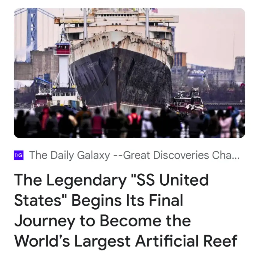 A large, rusted ship, identified as the SS United States, is shown in a harbor with smaller boats and a crowd of people in…