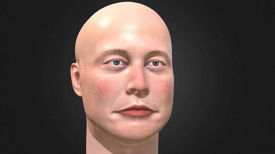 A digitally rendered, bald, pale-skinned male head with blue eyes and a neutral expression, set against a plain dark…