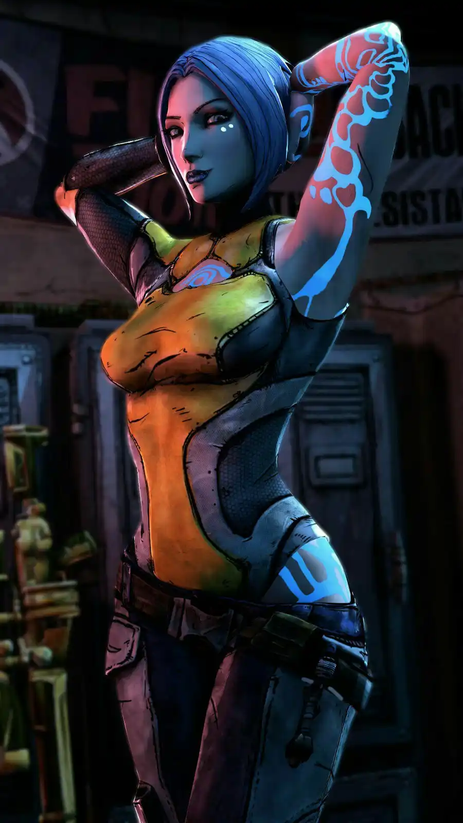 A female video game character with blue hair and glowing blue tattoos poses confidently with her arms raised. She wears a…