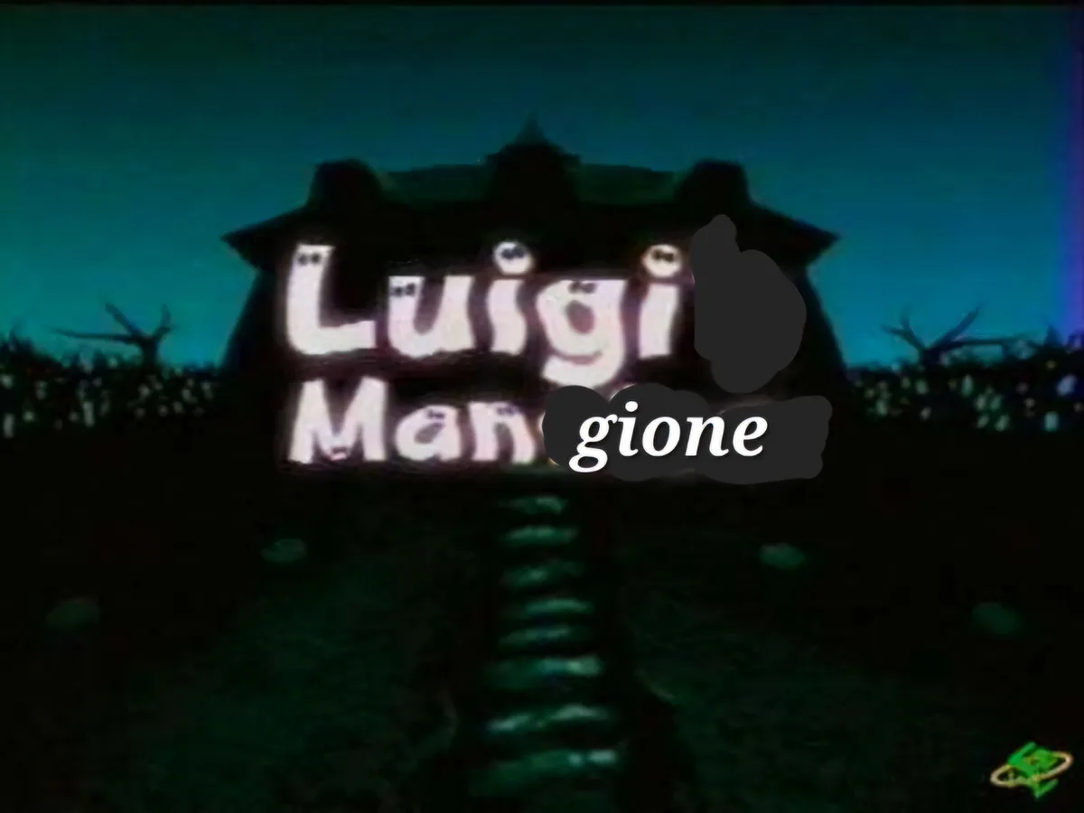 The image shows a dark, spooky mansion at night with glowing white text on its facade. The text reads 'Luigi Man' on the top…